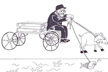 עגלון הרותם לעגלתו דג ועז למטרות נסיעה והובלה